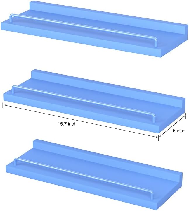 Blue Floating Shelves, Room Decor Shelves,Pink Kawaii Room Decor Wall Shelves for Living Room, Bedroom, Picture Frames, Plants, Kitchen, Set of 3 (Blue)
