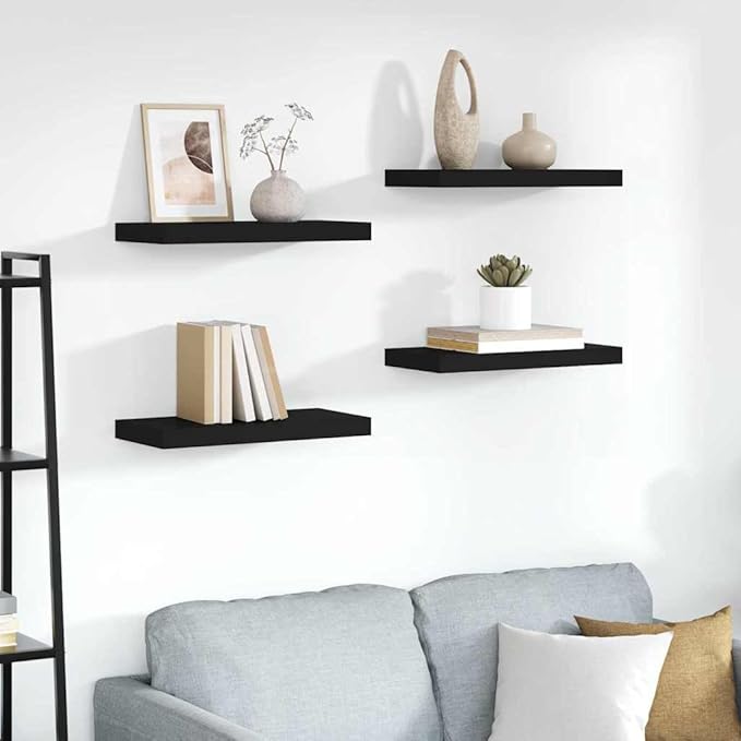 Wall Shelf Set of 4 Black Honeycomb MDF with Metal Wall Mounting, Floating Shelves for Modern Decor, Minimalist Display Storage for Books and Collectibles, Easy Installation,