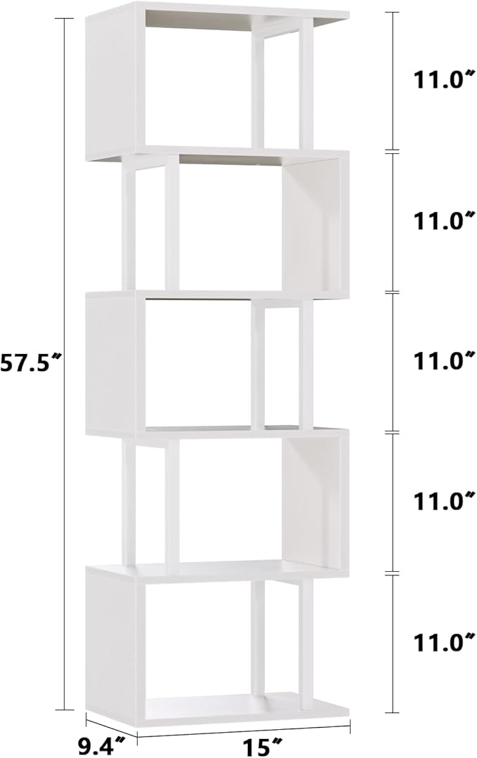 Furologee White Geometric Bookshelf 6 Tier S-Shaped Bookcase, Tall Modern Display Storage Shelf, Metal and Wood Decorative Freestanding Room Divider Shelves for Bedroom, Living Room, Office