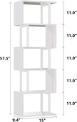 Furologee White Geometric Bookshelf 6 Tier S-Shaped Bookcase, Tall Modern Display Storage Shelf, Metal and Wood Decorative Freestanding Room Divider Shelves for Bedroom, Living Room, Office
