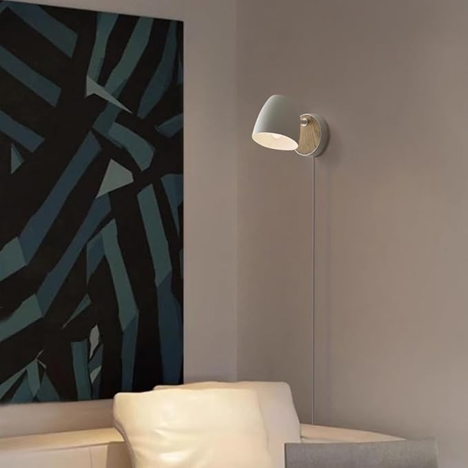 Wall Sconce Plug in,White Wall Lights for Bedroom,Modern Wood Sconces Light with 180°Rotation Metal Shade,e26 Wall Lamp with Switch for Living Room,Nightstand,Dining Room,Hallway,Corner,Stairway