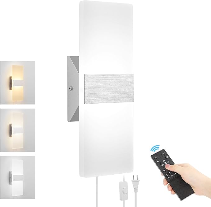 Plug in Wall Sconces with Stepless Adjustable 3000K-6500K Colors and 10%-100% Brightness, Sconces Wall Lighting with Remote Control 12W Acrylic LED Wall Lamp with 6FT Plug in Cord, 1 Pack