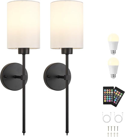 Battery Operated Wall Sconces Set of Two,Wireless Rechargeable Wall Light With Remote Control, Dimmable, Amber Light/Warm White/Natural White/Daylight/RGB, Timer,for Living Room,Bedroom,Entryway,Black