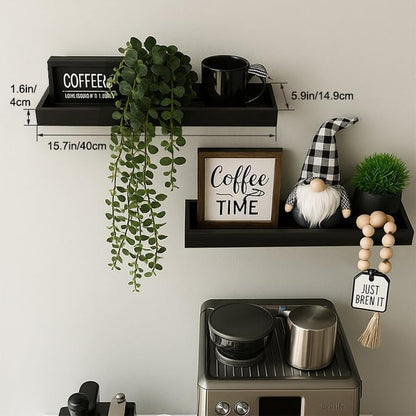 Floating Shelves with Raised Lip for Wall, 15.7 Inch Black Wooden Floating Wall Shelves, Set of 2, Wall Shelves for Bedroom Bathroom Living Room, Rustic Storage Display Shelves