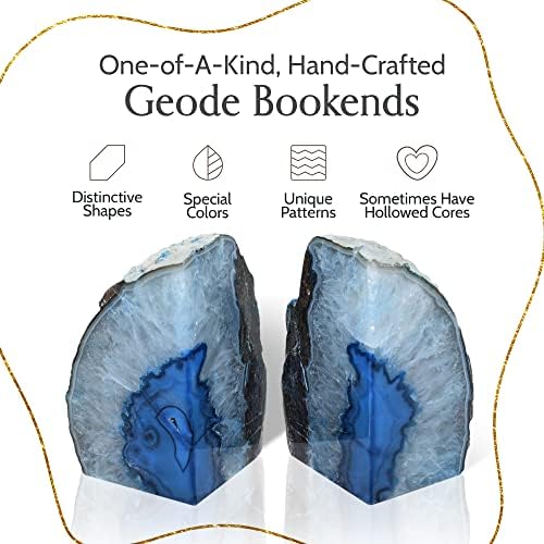 Nature's Decorations Blue Agate Bookends – A+ Grade Geode Heavy Duty Decorative Stone Crystal for Shelves & Bookcases, Natural Polished Bookshelf Decor, 1 Pair 3-4Lbs