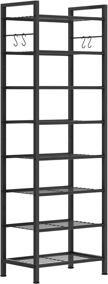 usikey 8 Tiers Narrow Shoe Rack 16-24 Pairs, Sturdy Metal Tall Shoe Rack with 4 Hooks, Slim Shoe Storage Organizer with Metal Shelf, Space Saving Vertical Shoe Shelf for Entryway Black UNYXJX016H