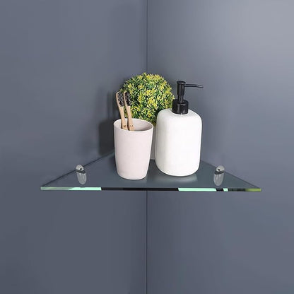 Fab Glass and Mirror Triangular Corner Glass Shelf, 6" X 6" Inches, Clear 3/8 Thick Tempered Glass with Flat Polished Edge-‎Easy Installation with Screws, and Peacock Chrome Finish Brackets