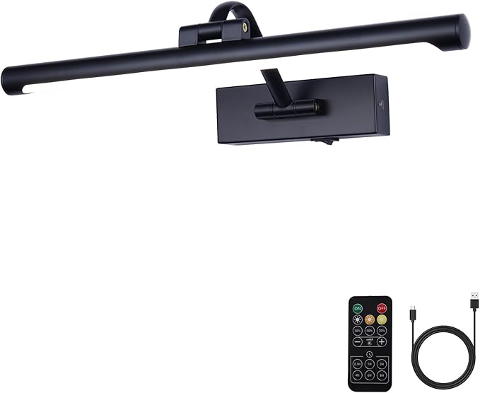 Black Picture Lights Battery Operated 16” Frame Light Rechargeable Gallery Lighting Remote Wireless Art Light for Painting Dimmable Display Lights with Timer Wall Sconce for Portrait Dartboard
