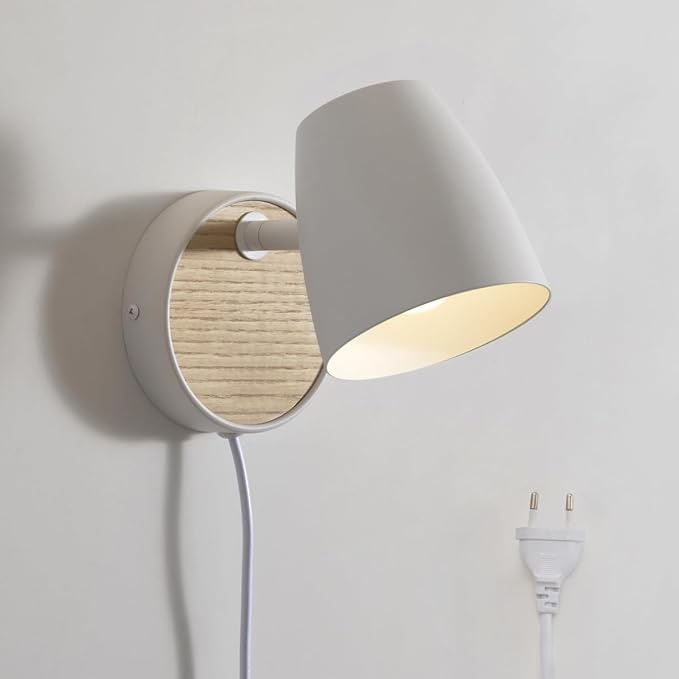 Wall Sconce Plug in,White Wall Lights for Bedroom,Modern Wood Sconces Light with 180°Rotation Metal Shade,e26 Wall Lamp with Switch for Living Room,Nightstand,Dining Room,Hallway,Corner,Stairway