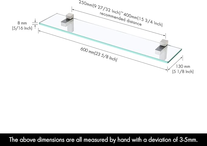 KES Glass Shelves for Bathroom, 24 Inches Bathroom Floating Shelf with Tempered Glass and Brushed Nickel Bracket Wall Mount 2 Pack, BGS3201S60-2-P2