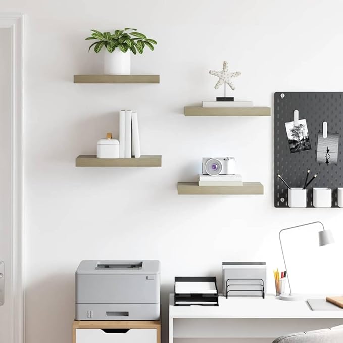Floating Wall Shelves Set of 4 Oak Honeycomb MDF Metal Medium, Space-Saving Mounted Storage for Books and Decor, Sturdy Engineered Wood Shelving with Easy Assembly for Modern