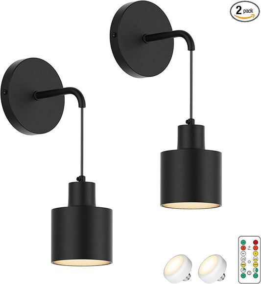 Wall Light Battery Operated Wall Sconces Set of 2,Black Indoor Wireless Wall Sconce No Hardwired 3000K-6000K Dimmable Remote Control(Bulbs Include)