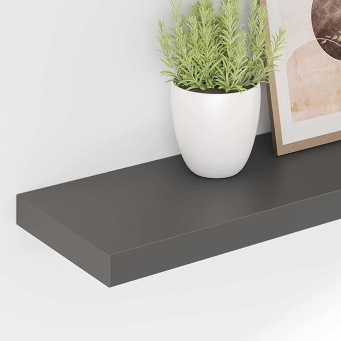 High Gloss Grey MDF Floating Wall Shelf 31.5 Inch Long with Metal Bracket, Modern Minimalist Design for Living Room Bedroom, Sturdy Storage for Books and Decor, Easy to Clean