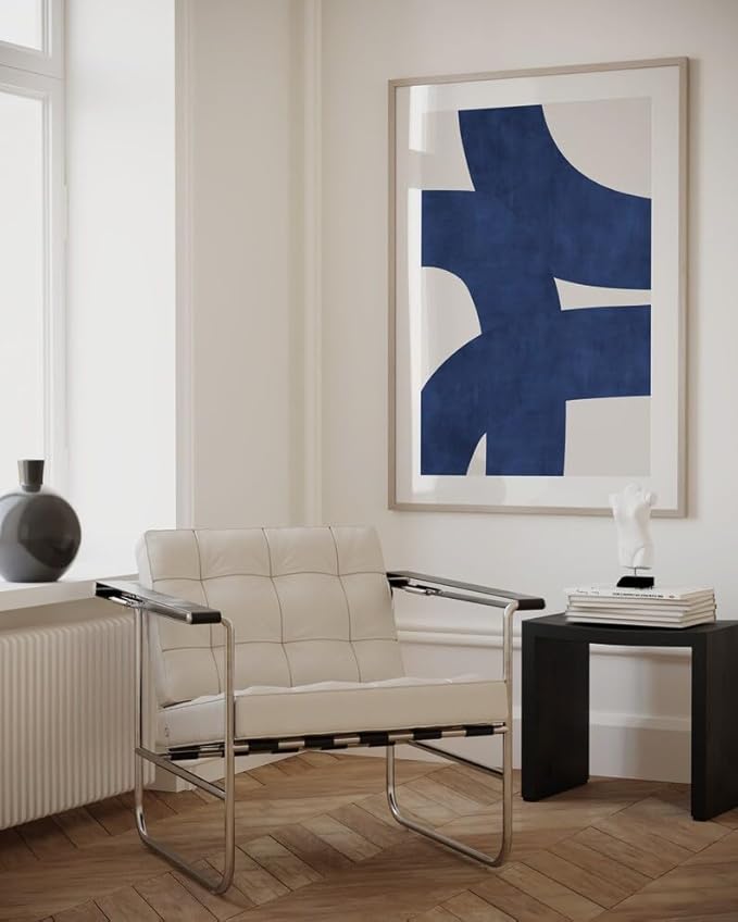 Nationcog Mid-Century Indigo Blue Beige Organic Lines Art, Modern Minimalist Wall Decor, Trendy Bold Tones Aesthetic Home Accent Design (Unframed) (24x36)