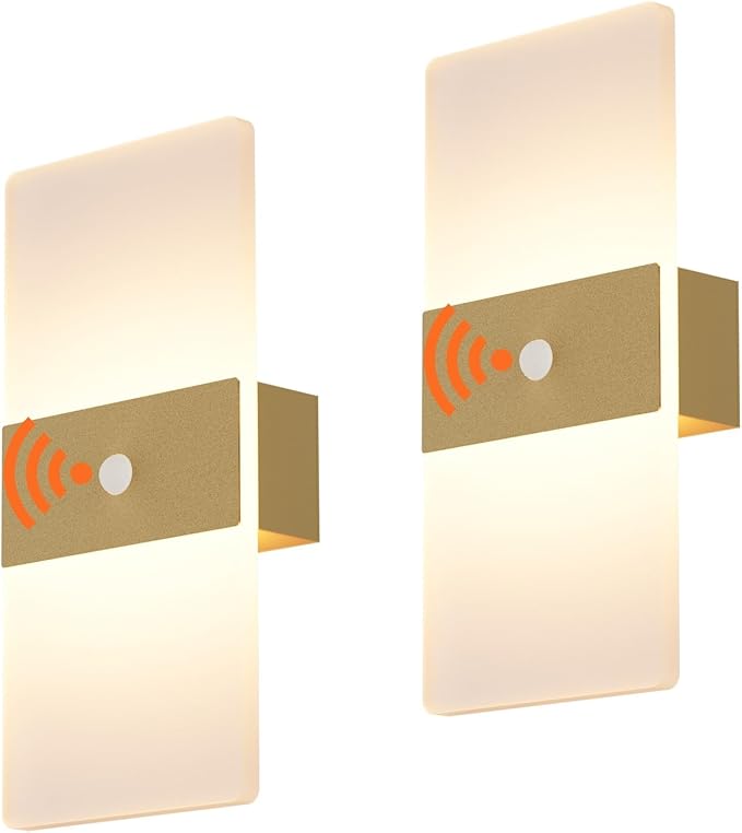2 Pack Motion Sensor Gold Wall Lights, Morden Cordless Battery Operated LED Wall Lantern, Warm Light Wireless Decorative Gold Wall Sconces for Bedroom Living Room Hallway Garden Garage