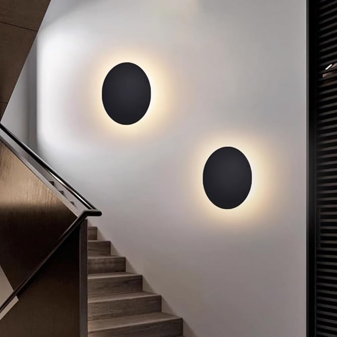Black Modern Wall Sconce OTTOSON Round Disc Sconces Wall Lighting Metal Circular Stairwell Lighting 3000K Warm LED Wall Lights for Living Room Bedroom Stairway - 16"