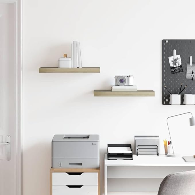 Floating Wall Shelf Set of 2 Oak Honeycomb MDF Metal 19.7x9.1x1.5 in Modern Design for Home Display with Invisible Mounts Easy Installation Functional Storage Space