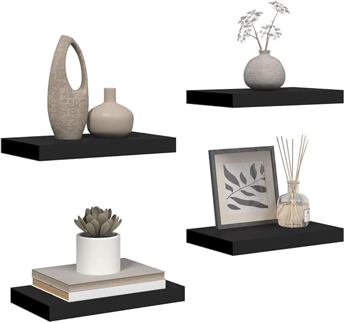 Wall Shelf Set of 4 Black Honeycomb MDF Metal Small Floating Shelves for Modern Home Decor, Space Saving Storage Solution for Living Room or Bedroom