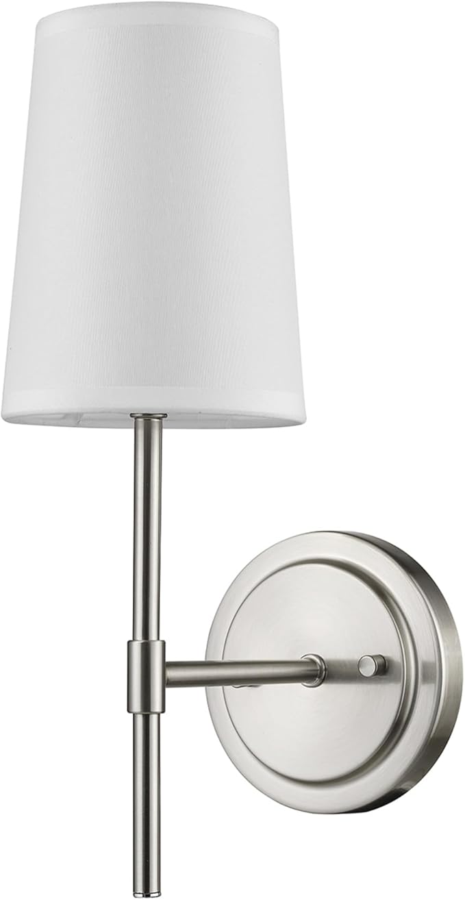 Globe Electric 51858 Clarissa 1-Light Wall Sconce, Brushed Nickel, White Fabric Shade, Bulb Not Included