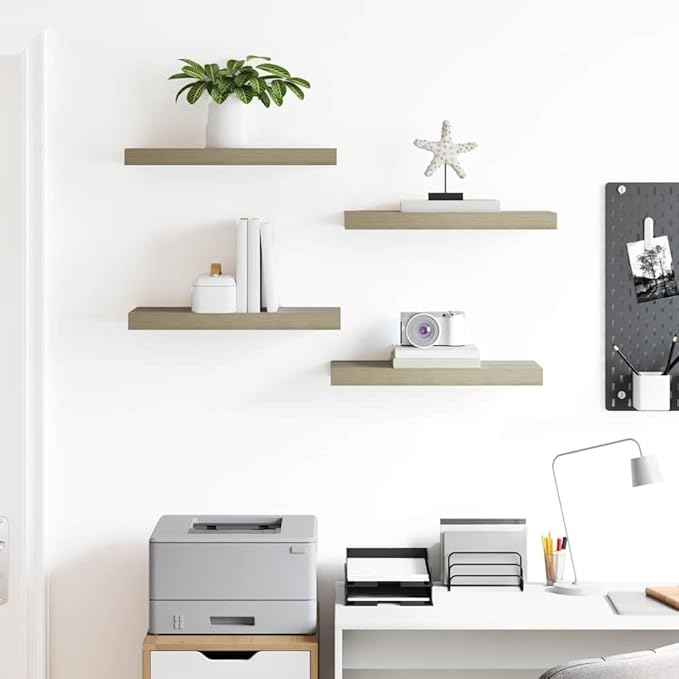 Wall Shelf Set of 4 Oak Honeycomb MDF Floating Shelves with Invisible Mounting System, Modern Metal Brackets for Living Room Bedroom Display Storage Organizer