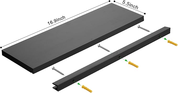 Meangood Floating Shelves Black 17 inch Wall Mounted Natural Bamboo Wood Wall Storage Shelves for Bedroom,Living Room,Bathroom, Kitchen（Set of 2）