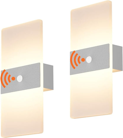 2 Pack Motion Sensor Wall Lights, Morden Silver Decorative LED Indoor Night Light, 3000K Warm Light Battery Operated Wall Sconces for Porch Bedroom Living Room Hallway(Silver)