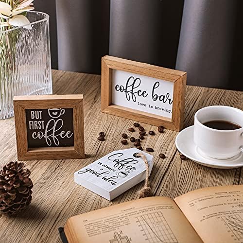 3 Pieces Coffee Bar Decor Sign But First Coffee Wood Sign Mini Farmhouse Wall Rustic Wooden Art Plaque Bar Tabletop Shelf Accessories for Tier Tray Decor Home Office Kitchen