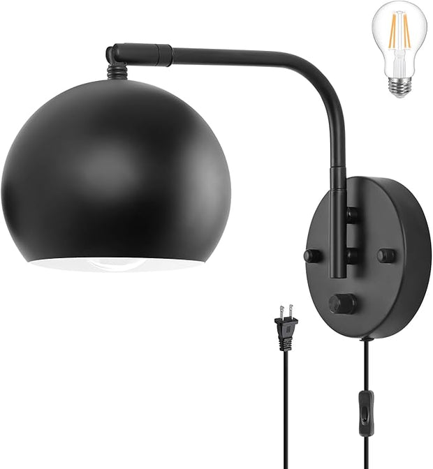 Plug in Wall Sconces, Dimmable Wall Sconce Swing Arm Wall Lights with Plug in Cord and Dimmer On/Off Knob Switch, Black Globe Wall Light for Bedside Bedroom Bathroom(1 Bulb Included)