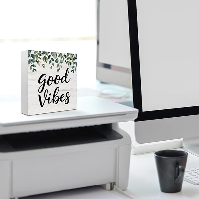 Botanical Eucalyptus Leaves Wood Box Sign Desk Decor, Good Vibes Rustic Eucalyptus Desk Decorative Signs for Home Office Table Shelf Cubicle Mental Health Wooden Block Box Sign