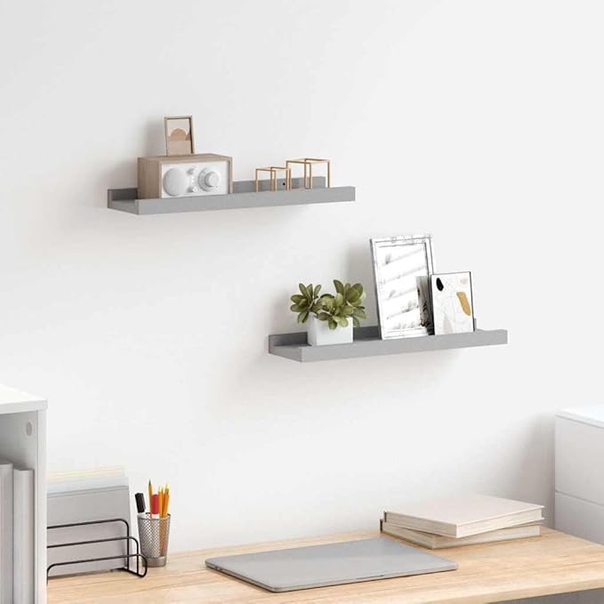 Gray MDF Floating Frame Ledge Shelf Set of 2, Modern U-Shaped Wall Mounted Shelves for Displaying Photos Artwork Decor, Minimalist Design with Hardware Included, Compact Size