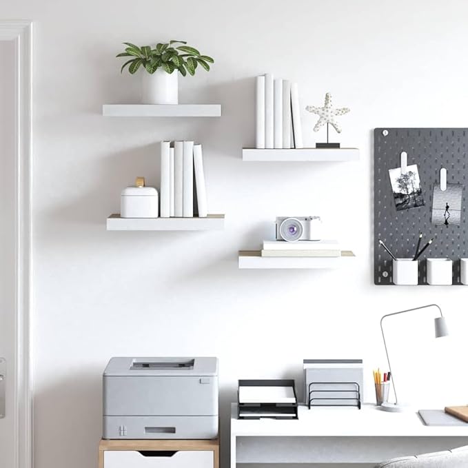 Wall Shelf Set of 4 Oak and White Honeycomb MDF Metal Floating Shelves for Modern Decor and Storage Display