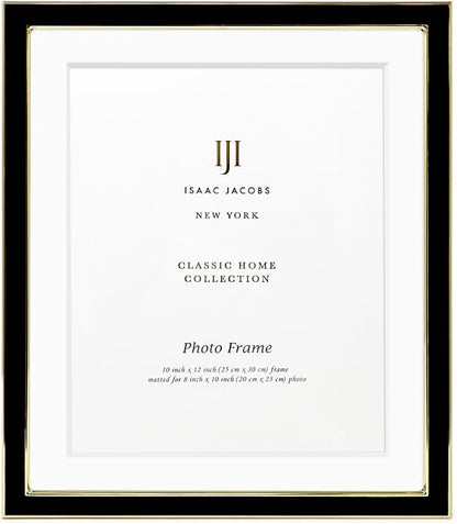 Isaac Jacobs 10x12 (Matted 8x10) Black Enamel Picture Frame with Gold Metal Edge and Easel, Tabletop Display, Wall Décor, Photo Gallery, (10x12 (Matted 8x10), Black with Gold)