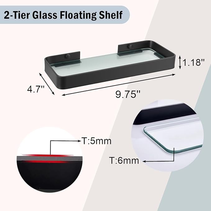 Z metnal Tempered Glass Bathroom Shelves, Matte Black Floating Shelf for Wall, Wall Shelf for Bathroom Organizer, Aluminum Frame, Wall Mounted (Clear Glass, 9.8 inch/25cm)