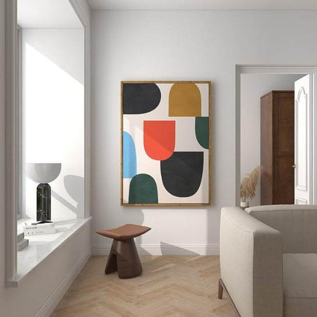 Nationcog Colorful Mid Century Wall Art, Minimalist Abstract Geometric Poster with Red Blue Green Beige Tones, Modern Contemporary Decor for Living Room or Office (Unframed) (12x18)
