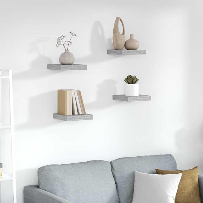 Concrete Grey Honeycomb MDF Metal Frame Floating Wall Shelf Set of 4, Sturdy Storage with Matte Finish for Modern Home Decor, Easy Installation, Space-Saving Design