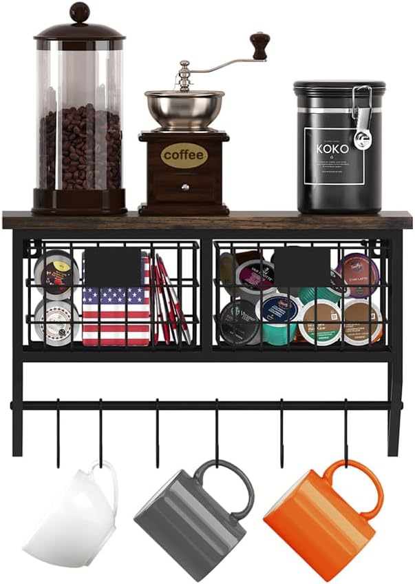 Helsin Industrial Wall Mounted Metal Wood Floating Shelves with Baskets Hooks Hanging Display Shelf Sundries Holder for Coffee Bar Kitchen Bathroom Organization and Home Decor, Black (16inch, 1 Set)