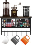 Helsin Industrial Wall Mounted Metal Wood Floating Shelves with Baskets Hooks Hanging Display Shelf Sundries Holder for Coffee Bar Kitchen Bathroom Organization and Home Decor, Black (16inch, 1 Set)