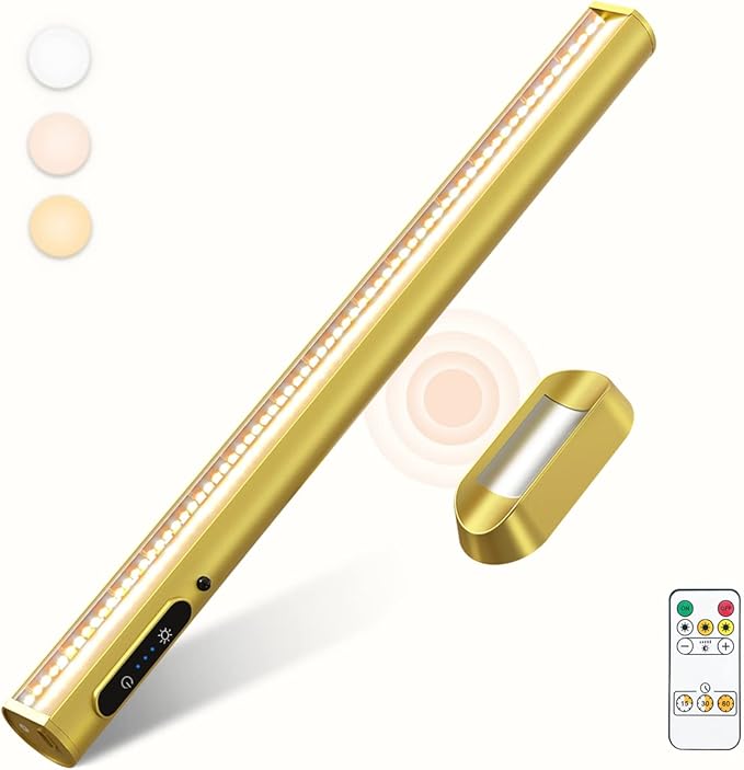 Rechargeable Magnetic LED Light Bar with Remote, Under Cabinet Lighting Wireless, Battery Powered Operated Wall Strip Lights, Dimmable Desk Lamp for Picture Mirror Closet Room – Gold