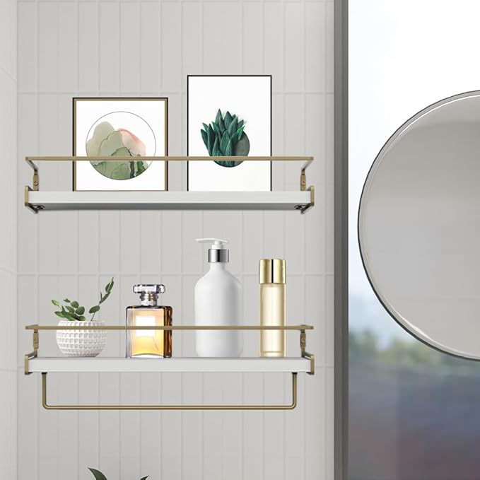 Wall Decor Floating Shelves, Home Decor with Towel Bar/Hooks, Wall Shelves for Bathroom/Living Room/Kitchen/Bedroom, (Gold-White) Floating Bathroom Shelves