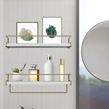Wall Decor Floating Shelves, Home Decor with Towel Bar/Hooks, Wall Shelves for Bathroom/Living Room/Kitchen/Bedroom, (Gold-White) Floating Bathroom Shelves