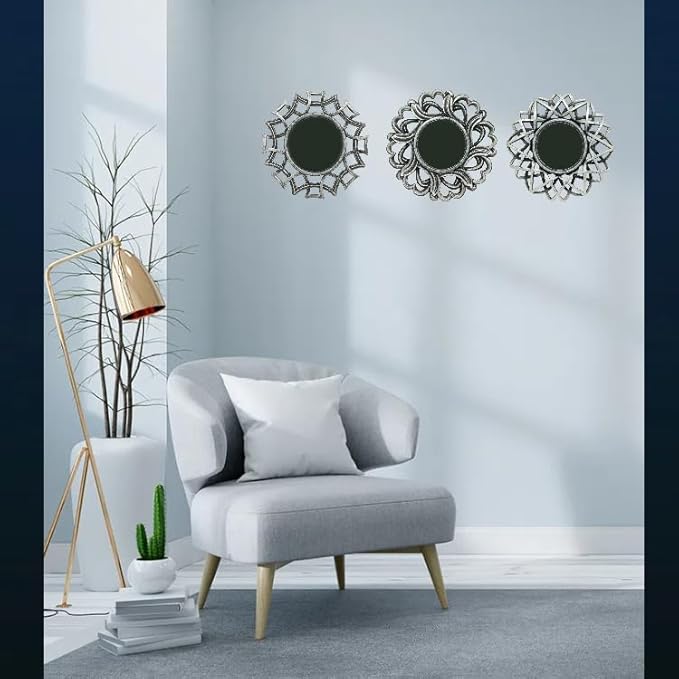 Retro Silver Mirrors for Wall Pack of 3. Round Mirrors. Decorative Mirrors.Wall Mirrors for Decor Home DecorPlastic Frames.Glass Mirrors.Make Old Silver Color.