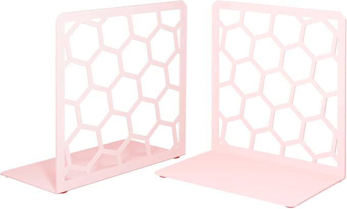 GEOMOD Geometric Honeycomb Pink Metal Bookends Decorative - Tall Sturdy Book Ends for Shelves - Modern Heavy Duty Bookend Stopper - Office or Home Book Shelf Book Holder - 6x3.25x6.25 Inches - 1 Pair