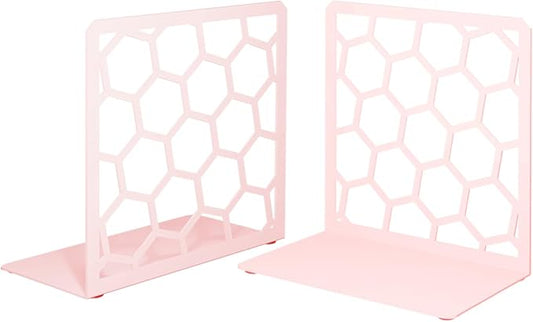 GEOMOD Geometric Honeycomb Pink Metal Bookends Decorative - Tall Sturdy Book Ends for Shelves - Modern Heavy Duty Bookend Stopper - Office or Home Book Shelf Book Holder - 6x3.25x6.25 Inches - 1 Pair