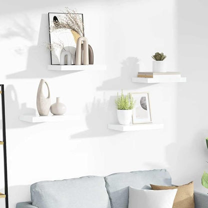 Set of 4 High Gloss White Floating Wall Shelves, Honeycomb MDF with Metal Brackets, Invisible Mounting System for Modern Home Storage and Display