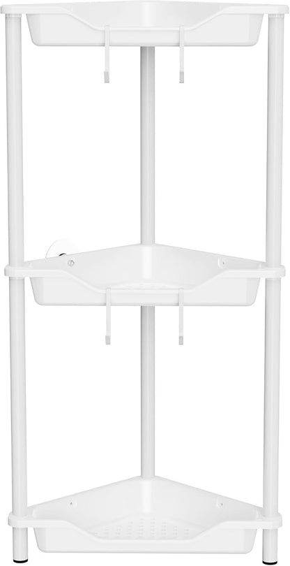Orimade Rustproof 3 Tier Floor Standing Corner Shower Caddy Organizer, Plastic Metal Splicing Floor Corner Shelf Rack Stands for Bathroom, White