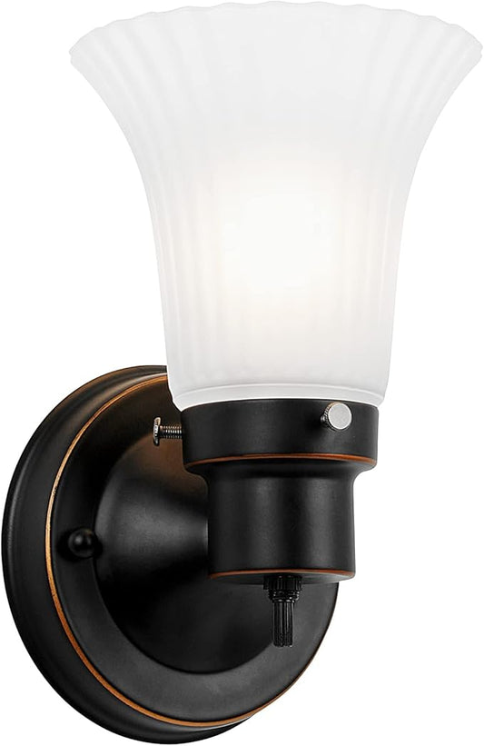 Design House Village Traditional 1-Light Indoor Dimmable Wall Sconce, Frosted Flute Glass, Twist On/Off Switch, Bathroom Bedroom Hallway, Oil-Rubbed Bronze, 8.25 in H x 5.1 in W, Uses 60W Bulb, 505115