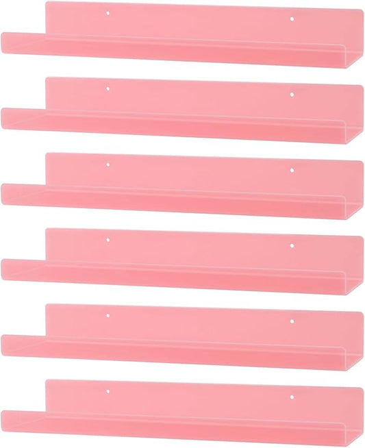 Dezzer 6 Pack Acrylic Shelves for Wall, 15" Acrylic Floating Shelves for Bathroom Bedroom, Invisible Bookshelf Wall Ledge Storage Shelf Books Perfume Toys Action Figure Display Shelves, Pink