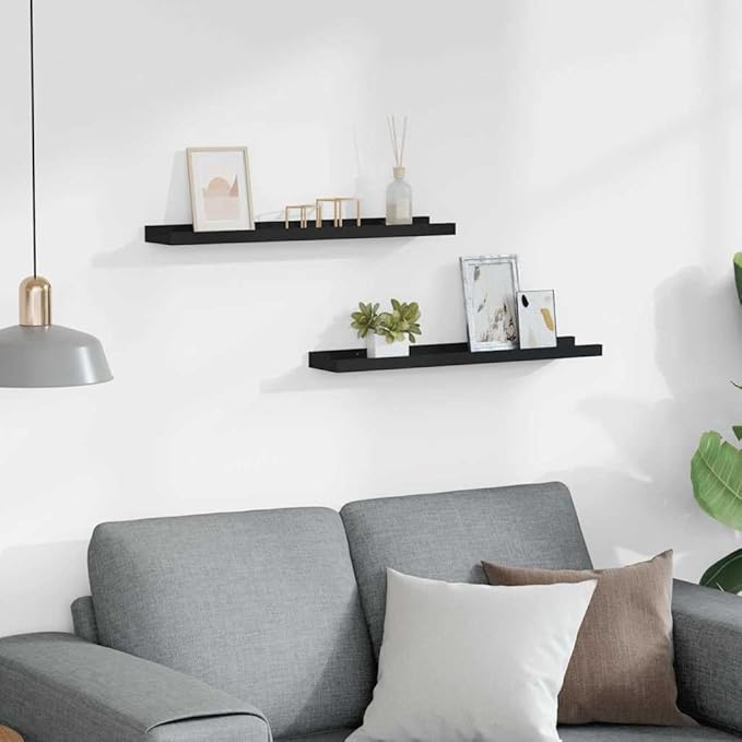 Frame Ledge Shelf Set of 2 Black MDF 23.6 Inch Wall Mounted Storage Display for Photos Art Decor Minimalist Modern Living Room