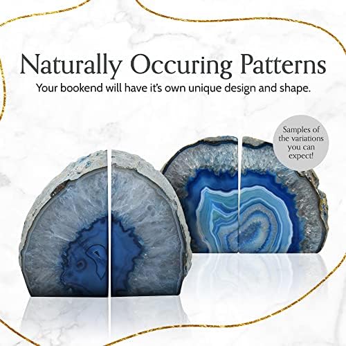 Nature's Decorations Blue Agate Bookends – A+ Grade Geode Heavy Duty Decorative Stone Crystal for Shelves & Bookcases, Natural Polished Bookshelf Decor, 1 Pair 3-4Lbs