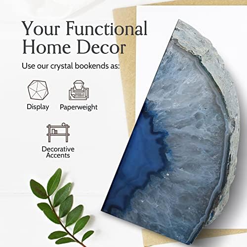 Nature's Decorations Agate Bookends - A Quality Blue Geode with Non-Skid Rubber Bumpers for Shelves, Office, Home Decor - Heavy Duty Cool Crystal Stone (2-3 LB)